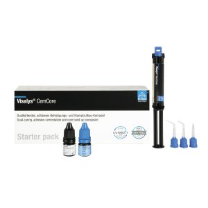 Visalys CemCore Starter pack Universal (A2/A3): 1 x 2,5 ml, 2 ml Tooth Primer, 2 ml Restorative Primer, 5x Mischkanülen blau spitz, 5 Mischkanülen blau stumpf, 3 Intraoral tips, 2 Endo tips